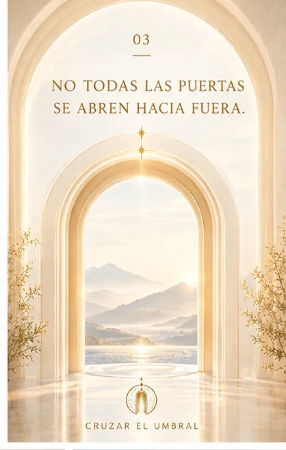 No todas las puertas se abren hacia fuera. Arco luminoso con vistas a montañas al amanecer.